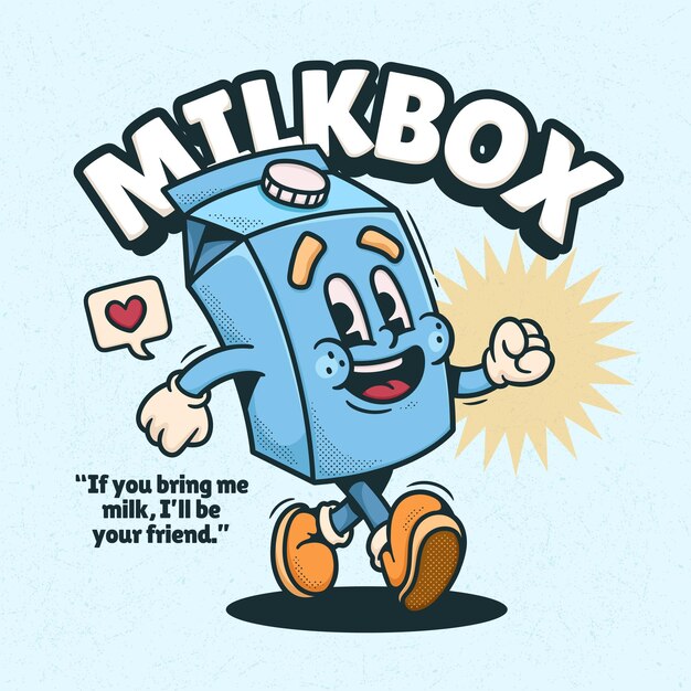 Milk Box Cute Trendy Retro Cartoon Vector Hand Drawn