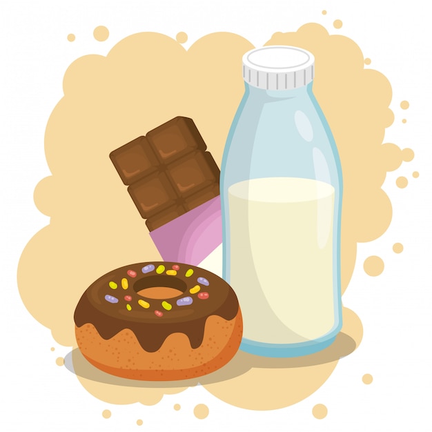 milk and donut with chocolate bar