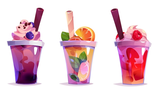 Free Vector milk drink bubble tea and ice coffee cute plastic cups with cold beverages with fruit juice chocolate tapioca and cream for summer cafe menu vector cartoon set