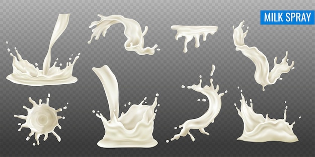 Free Vector milk splash and spray realistic transparent set isolated