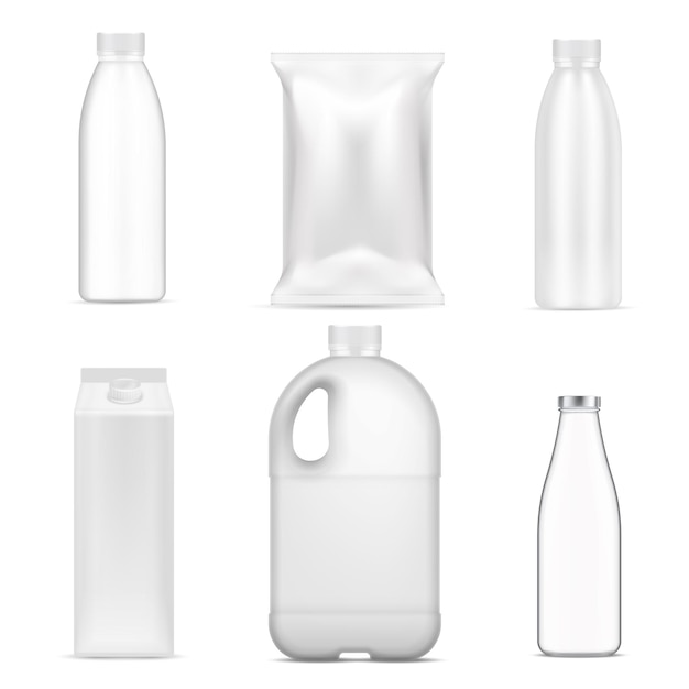 Free Vector milk tare realistic set of glass and plastic packages isolated on white background vector illustration