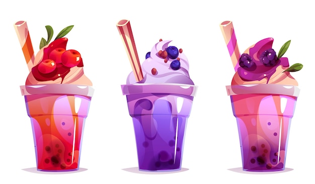 Free vector milk tea bubble drink vector juice cup cartoon illustration ice boba sugar milkshake dessert clipart for taiwanese asian menu delicious fruit sweet bubbletea with straw cream tapioca in plastic set