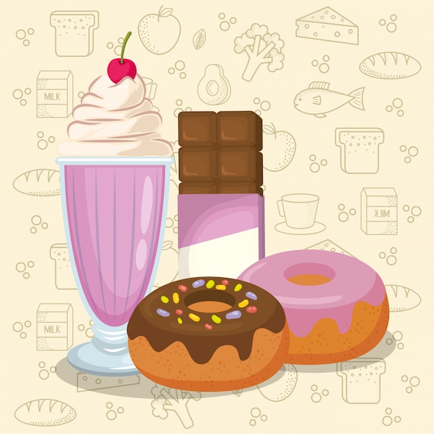 milkshake and donuts with chocolate bar