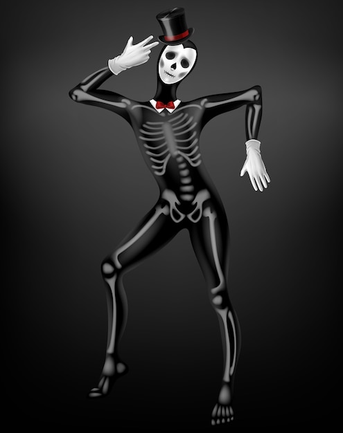 Mime in death or deceased tight suit with skeleton bones, skull drawing on black fabric, top hat, white gloves 3d realistic vector. Halloween party, Mexican Day of Dead festival costume illustration