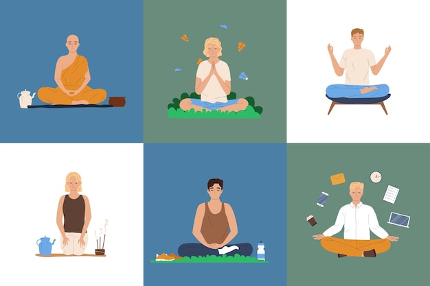 Free Vector mindfulness meditation flat set with people meditating in lotus position isolated vector illustration