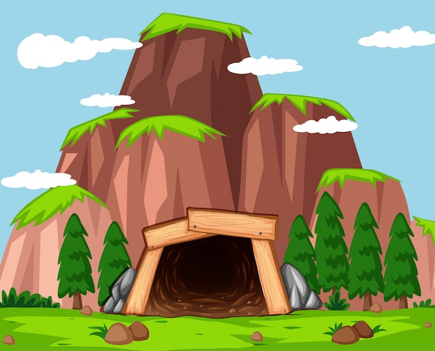 Mine entrance at the mountain illustration