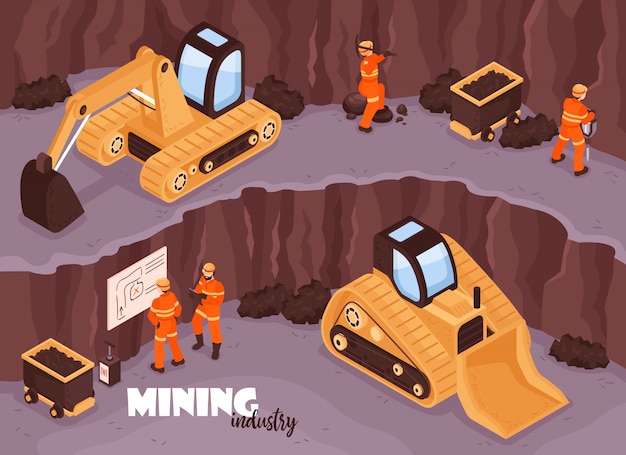 Free Vector mine industry background with characters of workers in uniform open mine scenery with excavators and text  illustration