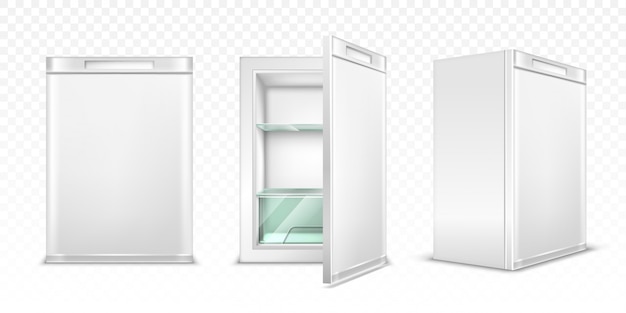 Mini refrigerator, empty white kitchen fridge