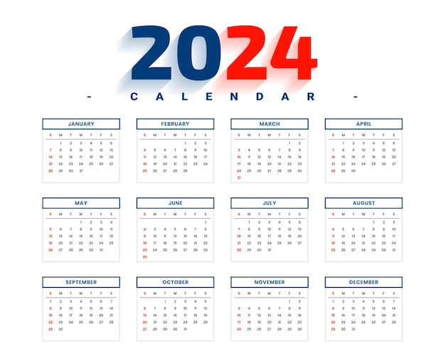 Free Vector minimal and flat style 2024 new year schedule calendar template design vector