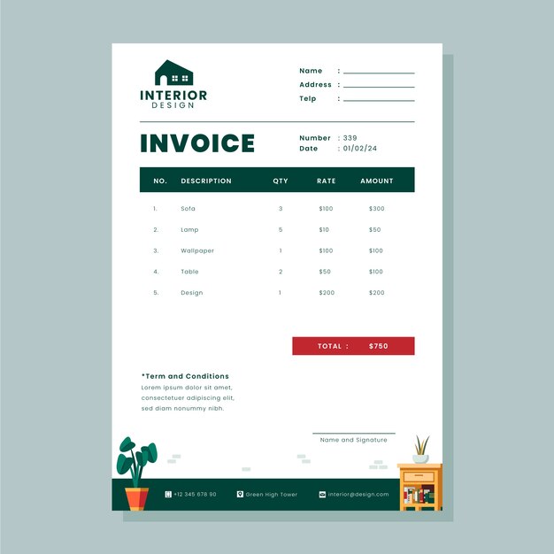 Minimal interior design invoice template