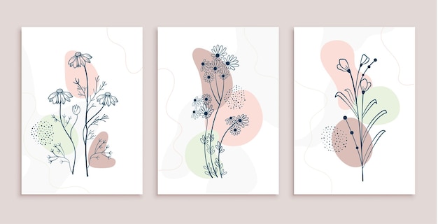 Minimal line art flower and leaves poster design set