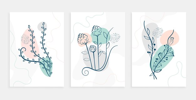 Minimal line leaves and flower poster layout set