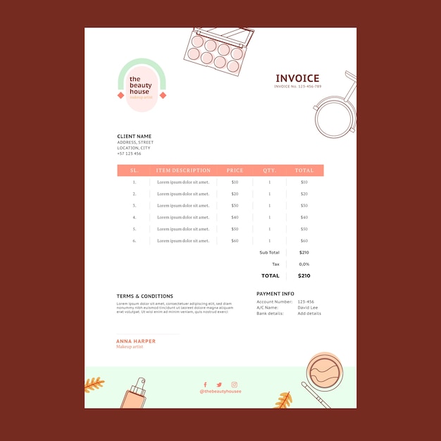 Minimal makeup artist invoice template