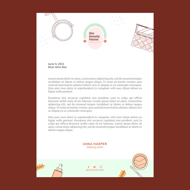 Free Vector minimal makeup artist letterhead template