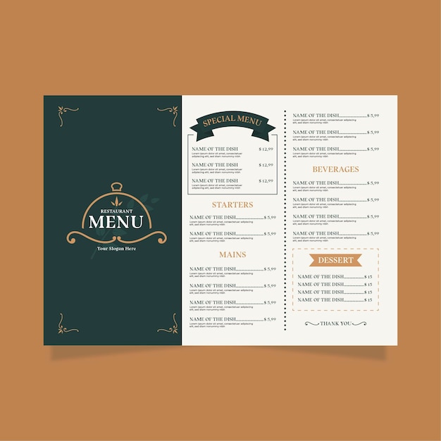 Free Vector minimal restaurant menu template in horizontal format for digital platform