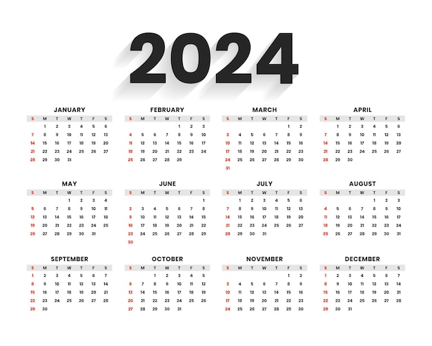 Free vector minimal style 2024 new year calendar template for office desk or wall vector