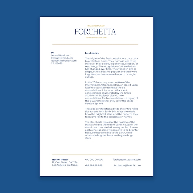 Minimalist blue forchetta restaurant letterhead