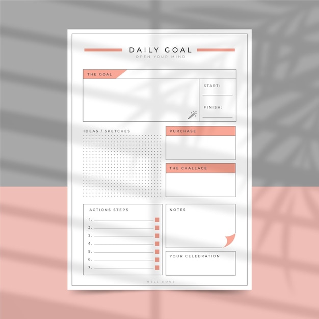 Minimalist daily goals planner template