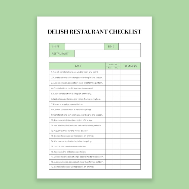 Minimalist deslish restaurant check list