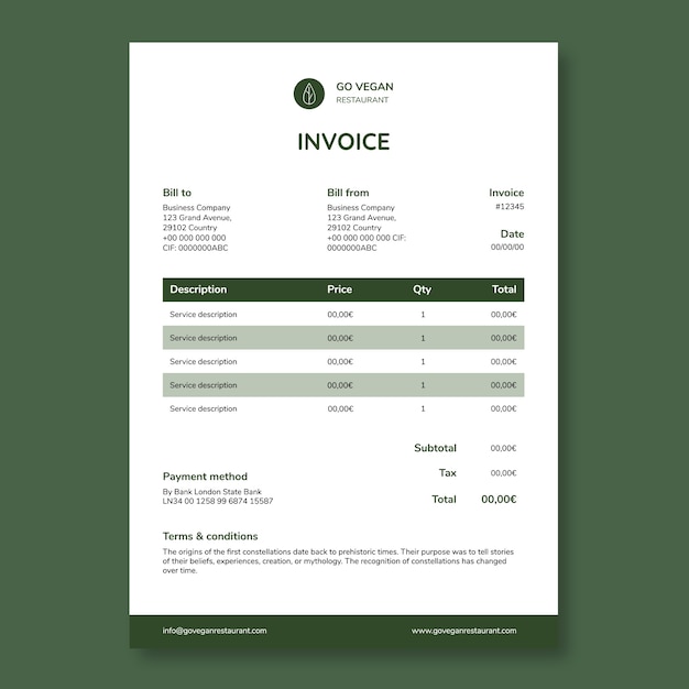 Minimalist go vegan restaurant invoice