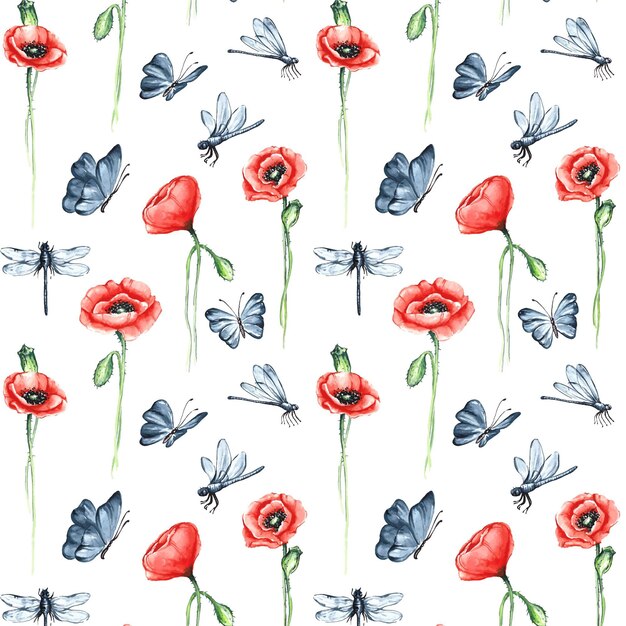 Minimalist insects and flowers pattern