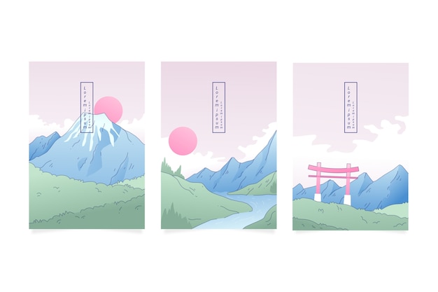 Minimalist japanese cover assortment with mountains