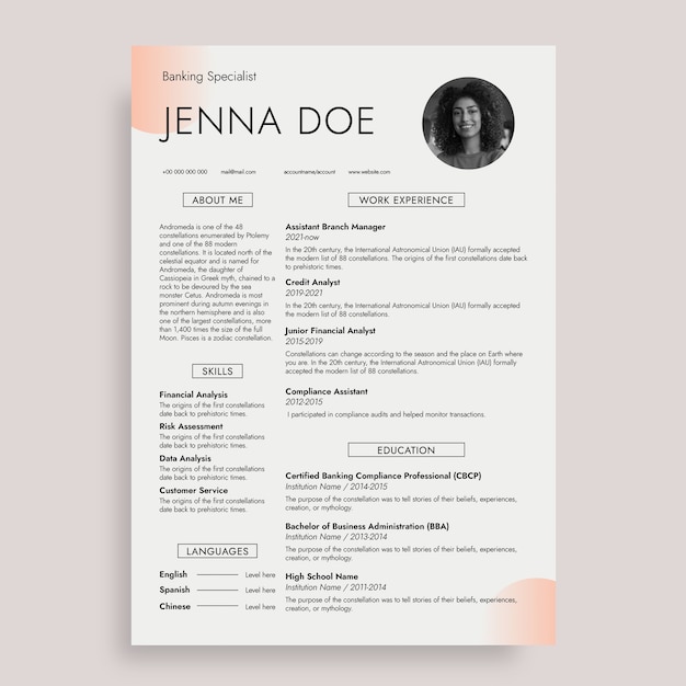 Minimalist modern banking resume