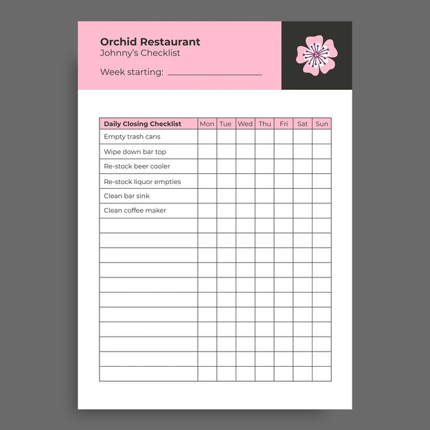 Minimalist orchid restaurant check list