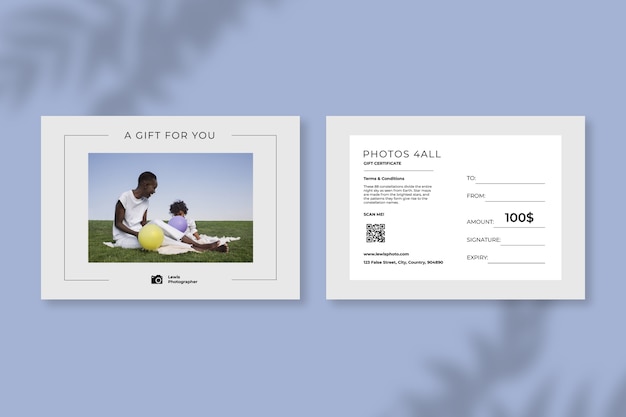 Minimalist photographer gift certificate template