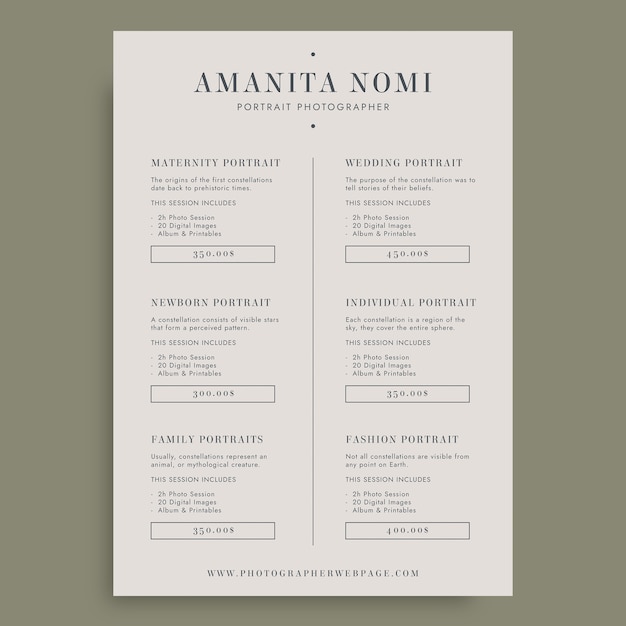 Minimalist portrait photographer price list