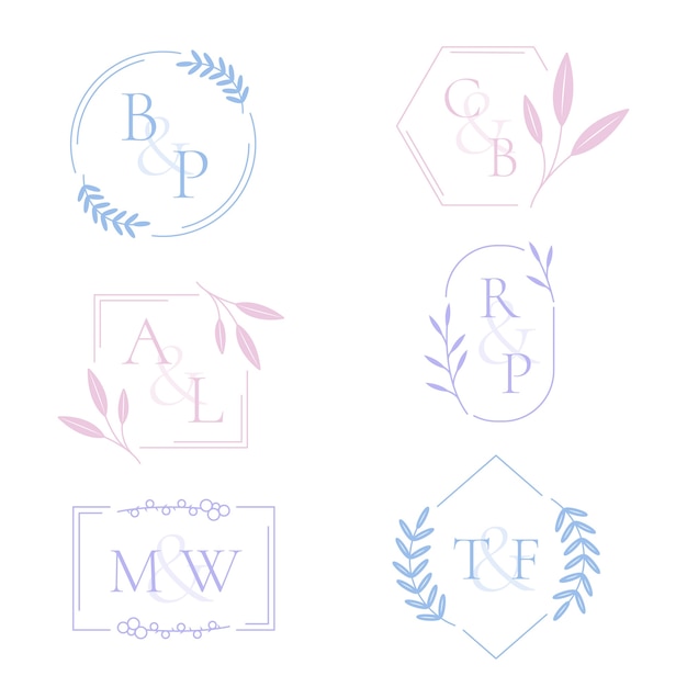 Minimalist wedding monograms in pastel colors