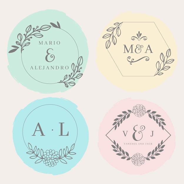 Minimalist wedding monograms in pastel colors