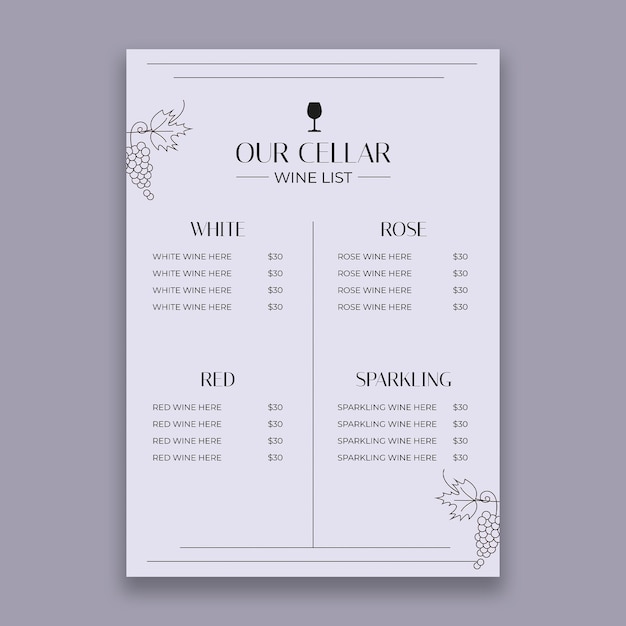 Free vector minimalist wine list menu