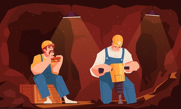 Free Vector mining colored concept two workers in the mine one eats his lunch and the other digs vector illustration