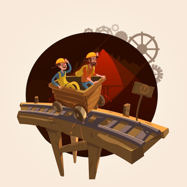 Free Vector mining concept with workers riding a coal trolley retro cartoon style