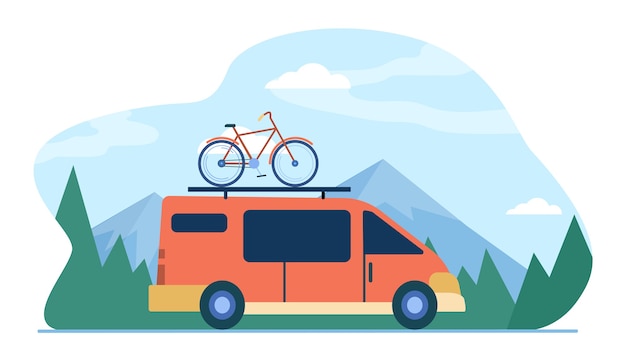 Free vector minivan with bike on top moving in mountain. vehicle, transport, bicycle trip flat illustration.