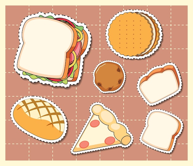 Mixed food cartoon sticker on grid background