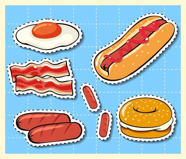 Free vector mixed food cartoon sticker on grid background