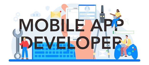 Mobile app development typographic header Modern technology and smartphone interface design Application building and programming Vector flat illustration