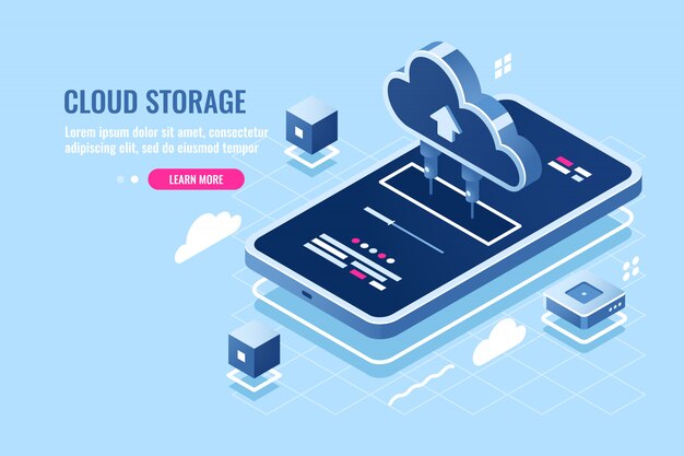 Mobile application isometric icon, download file on smartphone from cloud server storage