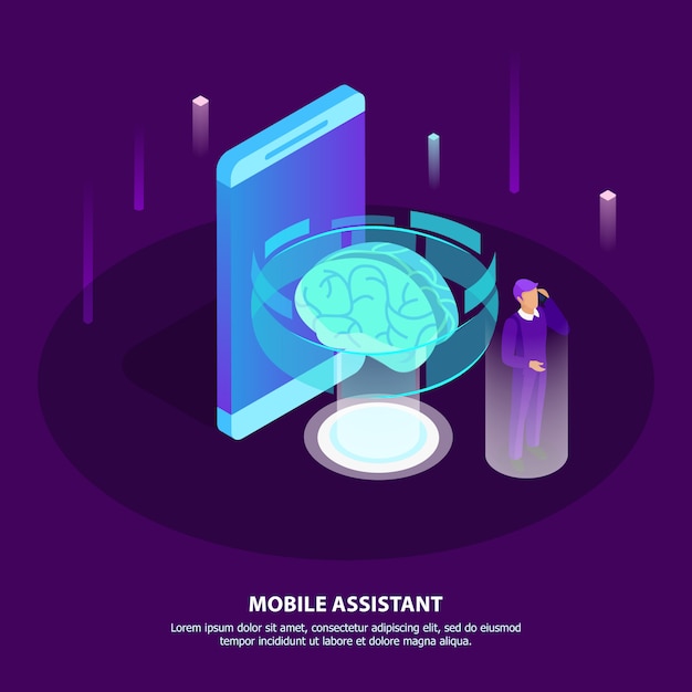 Free Vector mobile assistant isometric poster with glow brain as symbol artificial intelligence and man getting necessary information with mobile app in his smartphone 