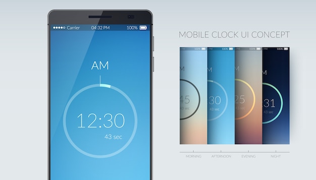 Mobile clock interface ui design concept on light flat illustration