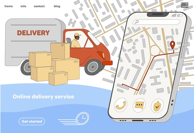 Free Vector mobile fast delivery service online app flat courier on van with boxes and road on mobile phone scre