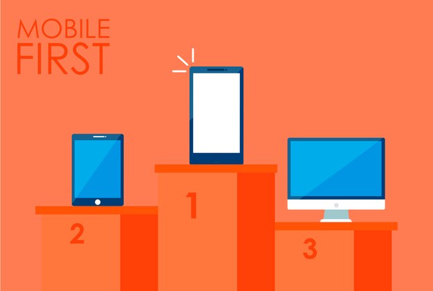 Mobile first strategy banner. Phone with laptop and other. 