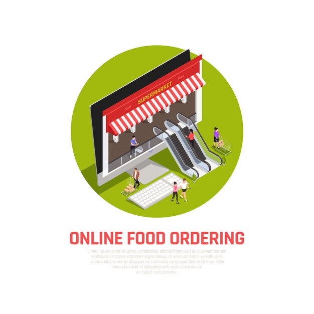 Mobile food oedering concept with online purchase symbols isometric 