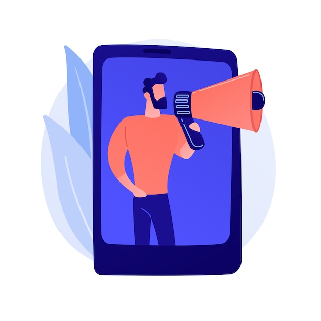 Free Vector mobile marketing, smm. social media network advertisement. smartphone, app, notification. female marketer holding megaphone flat character concept illustration