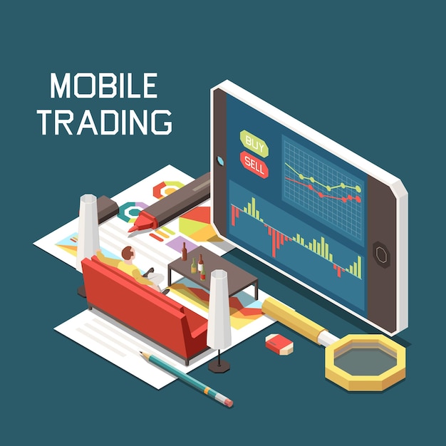 Mobile online trading isometric concept with smartphone illustration