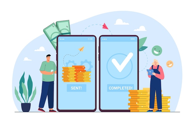 Mobile payment transfer flat vector illustration. Tiny man and woman sending and receiving money wireless, doing remittance with help of smartphone. Bank deposit, cashless, business concept