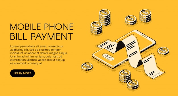 Mobile phone bill payment illustration of smartphone with money and invoice receipt. 