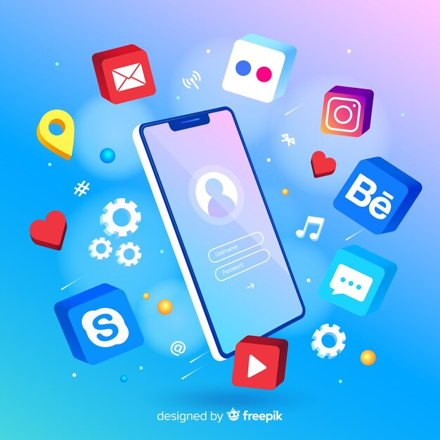 Mobile phone surrounded by colorful app icons